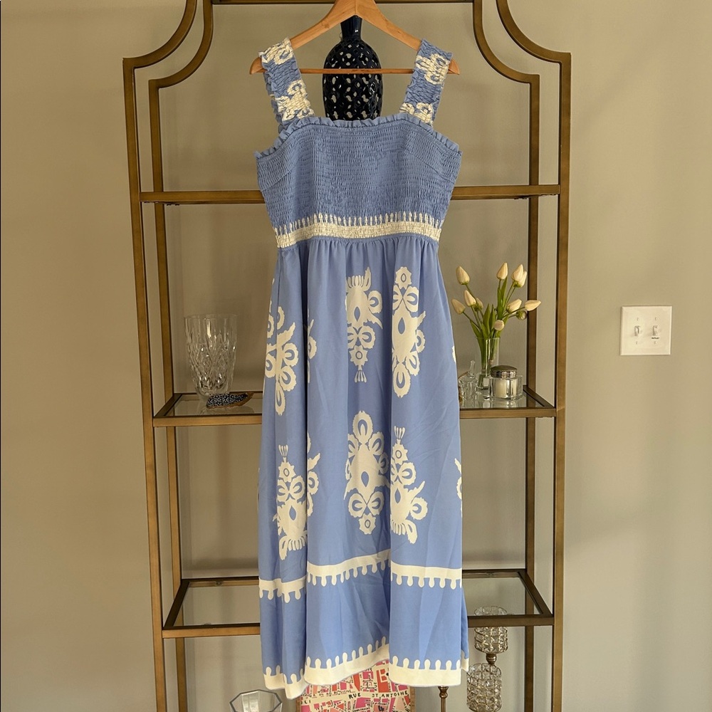 PRETTY GARDEN Blue and White Sleeveless Dress -XL